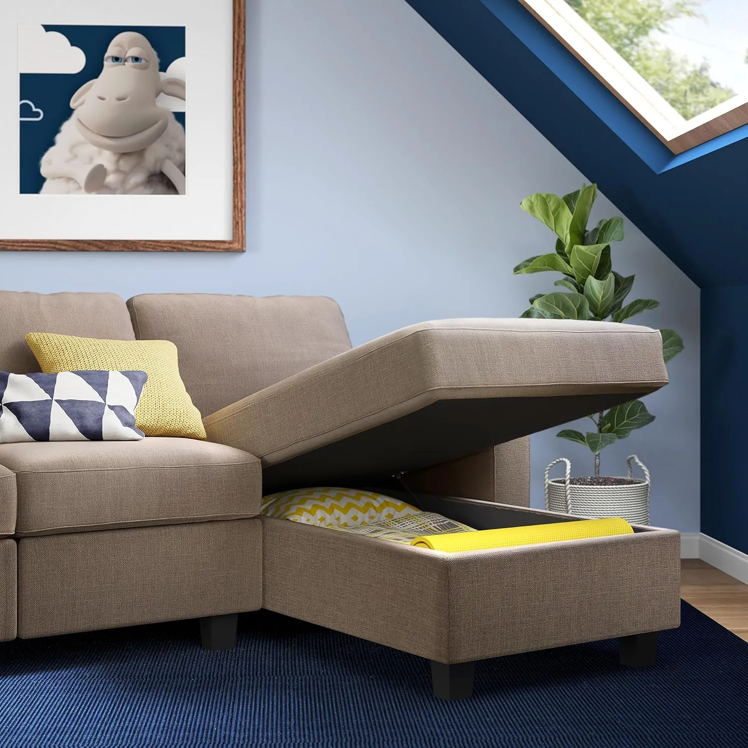 Serta Palisades Reclining Sectional Sofa with Right Chaise, Small Couch with Built-In Storage, Low-Maintenance & Family-Friendly Fabric, Oatmeal