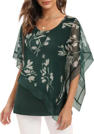 SeSe Code Women's Elegant Mesh Blouses Flowy Poncho Tops Dressy Casual Shirts