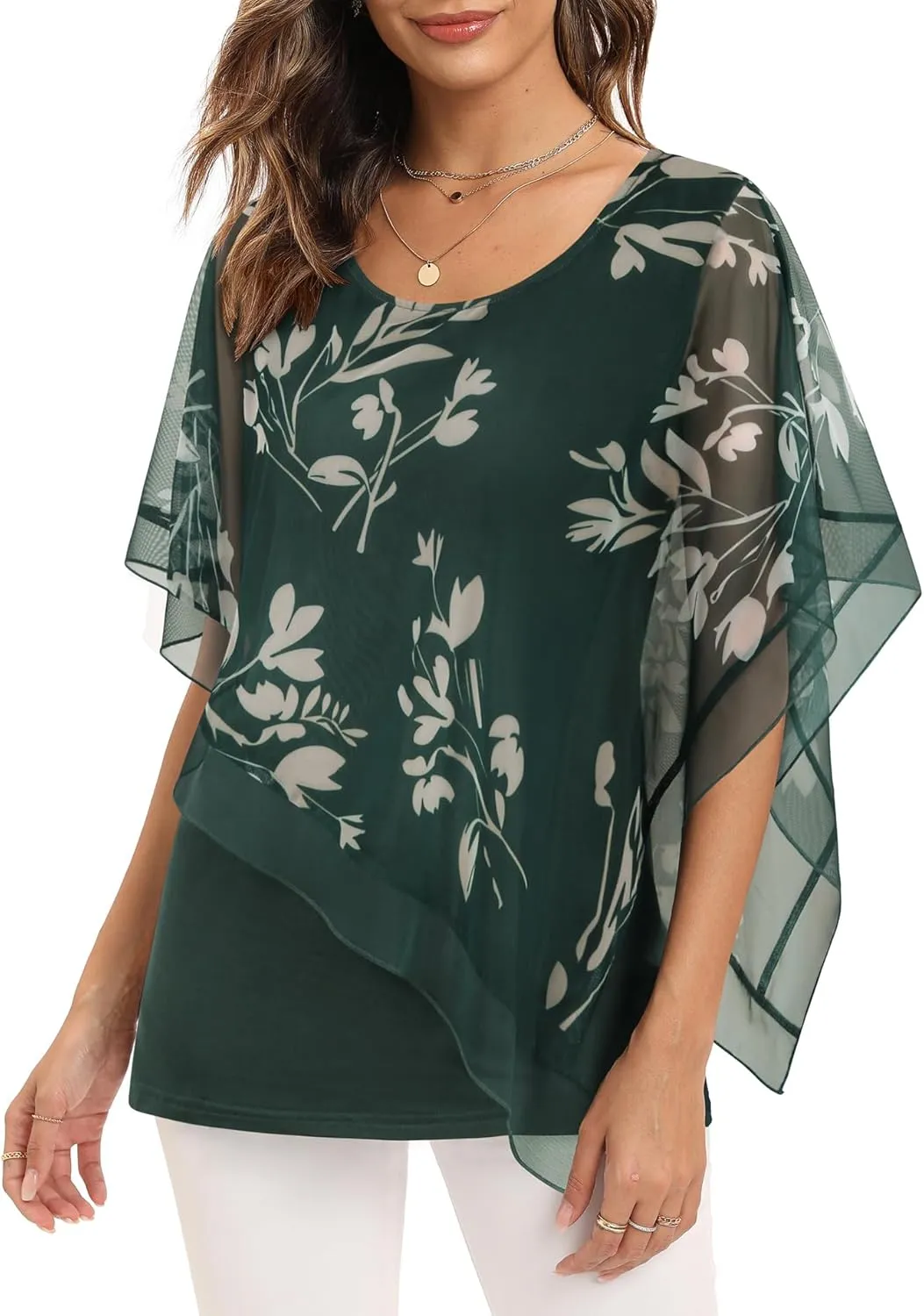 SeSe Code Women's Elegant Mesh Blouses Flowy Poncho Tops Dressy Casual Shirts