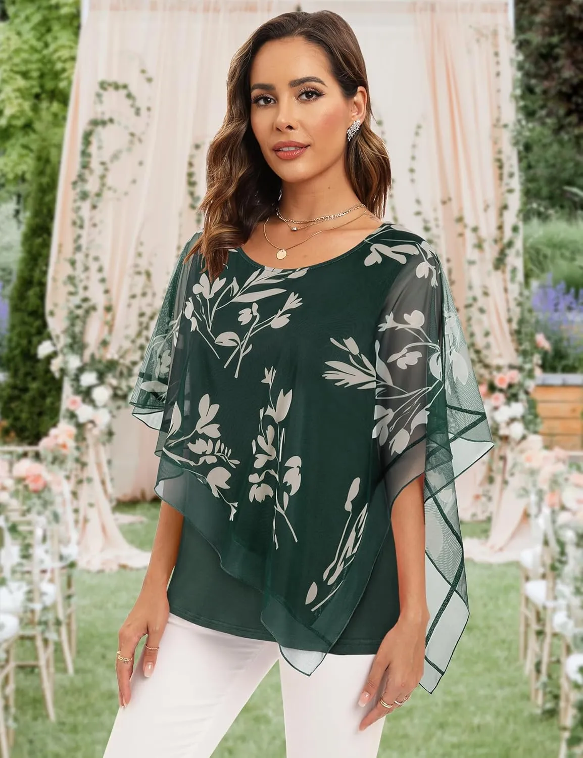 SeSe Code Women's Elegant Mesh Blouses Flowy Poncho Tops Dressy Casual Shirts