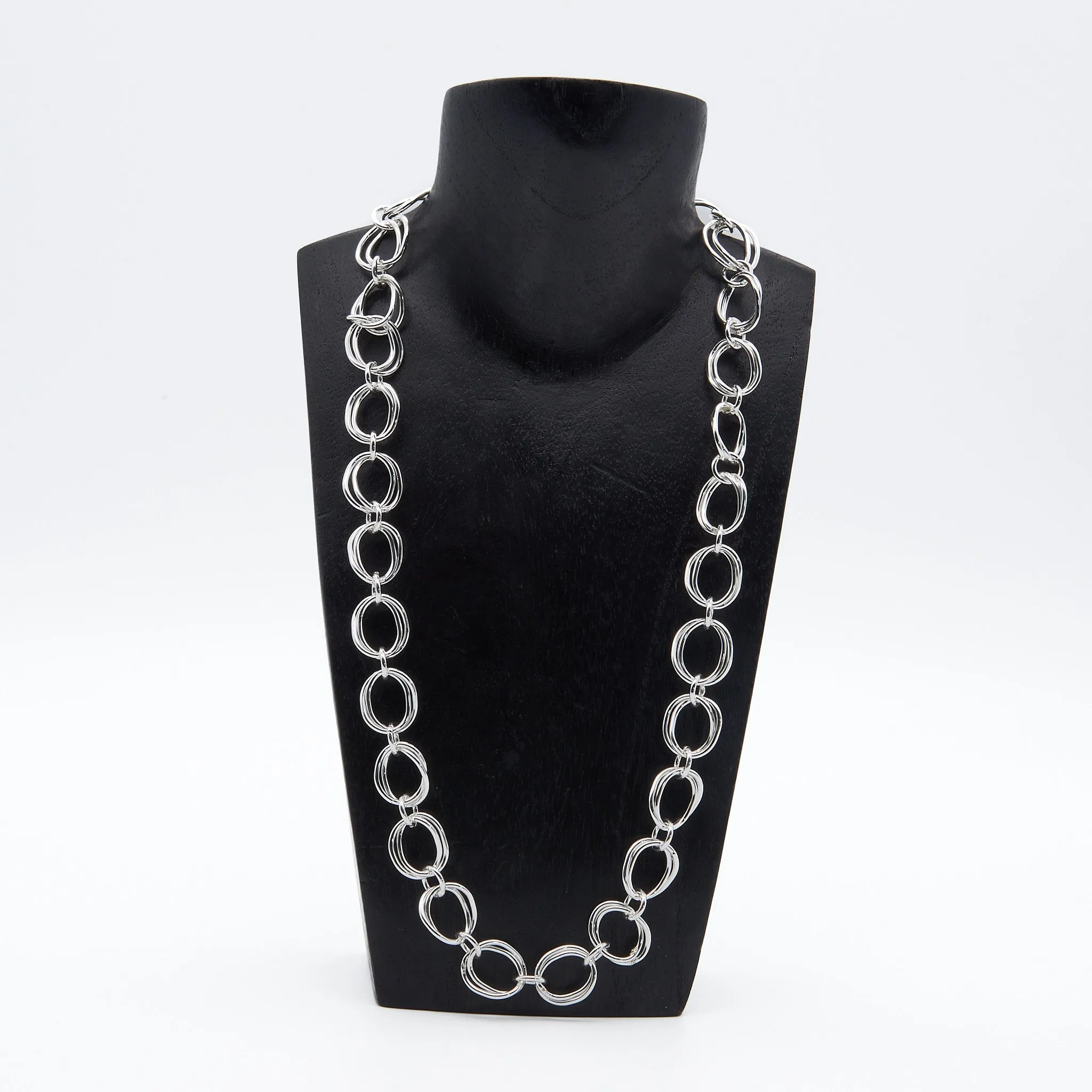 Set of Curved Double Oval Link Sterling Silver Necklace, Bracelet and Earrings