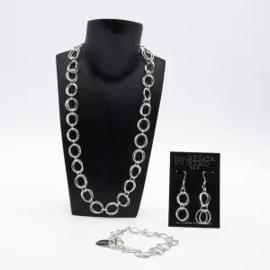 Set of Curved Double Oval Link Sterling Silver Necklace, Bracelet and Earrings