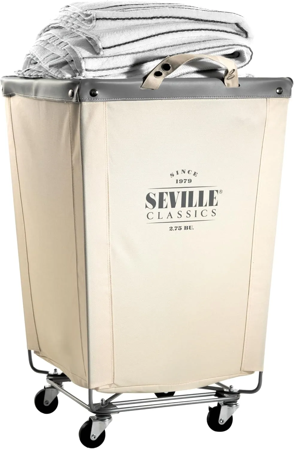 Seville Classics Large Commercial Heavy Duty Rolling Steel Frame Laundry Hamper Canvas Cart Bin, w/ Wheels for Hotel, Home, Closet, Bedroom (PATENTED), Cream, 18.1" D x 18.1" W