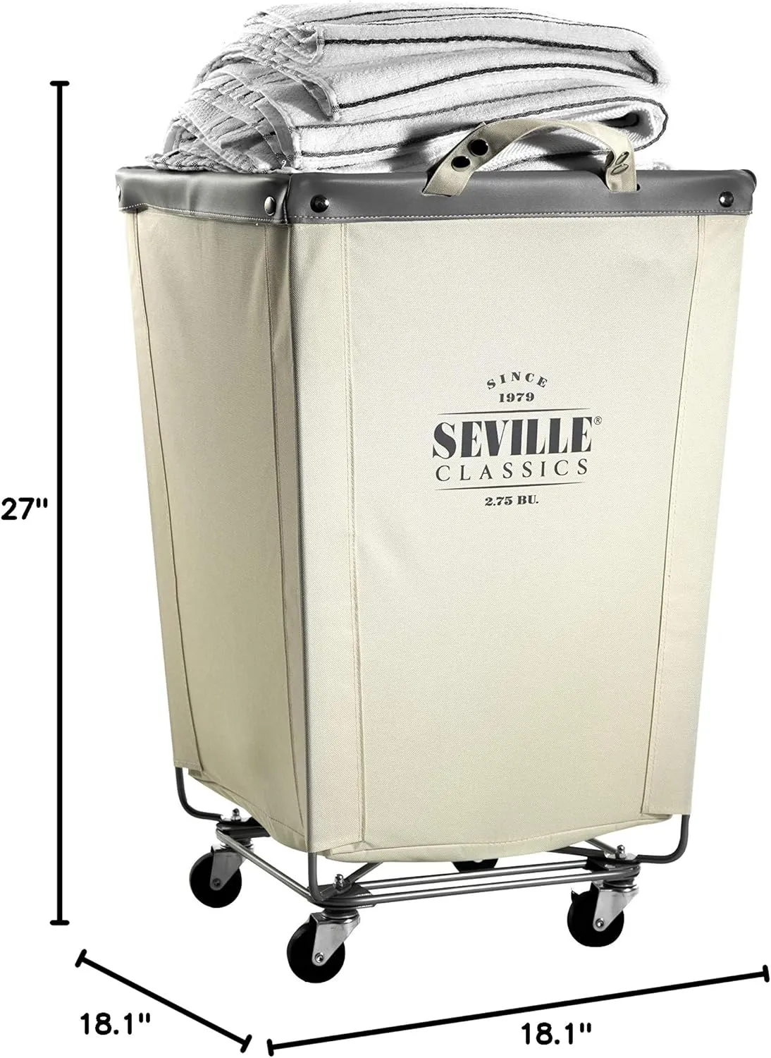 Seville Classics Large Commercial Heavy Duty Rolling Steel Frame Laundry Hamper Canvas Cart Bin, w/ Wheels for Hotel, Home, Closet, Bedroom (PATENTED), Cream, 18.1" D x 18.1" W