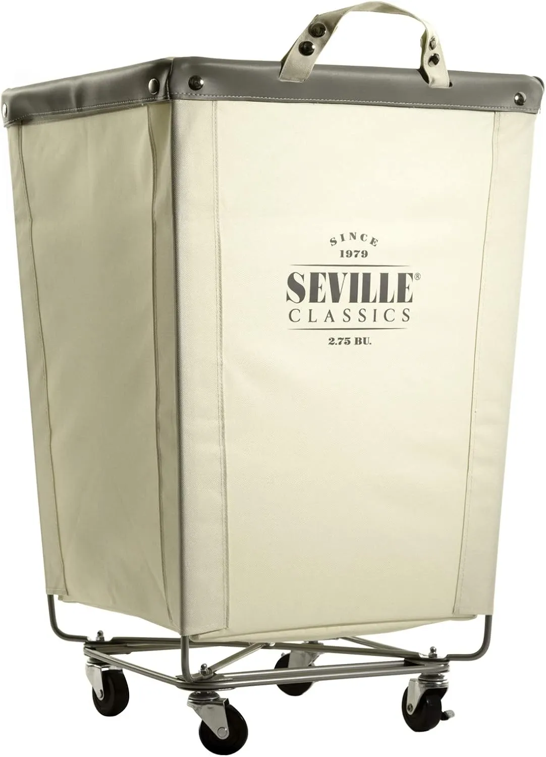 Seville Classics Large Commercial Heavy Duty Rolling Steel Frame Laundry Hamper Canvas Cart Bin, w/ Wheels for Hotel, Home, Closet, Bedroom (PATENTED), Cream, 18.1" D x 18.1" W