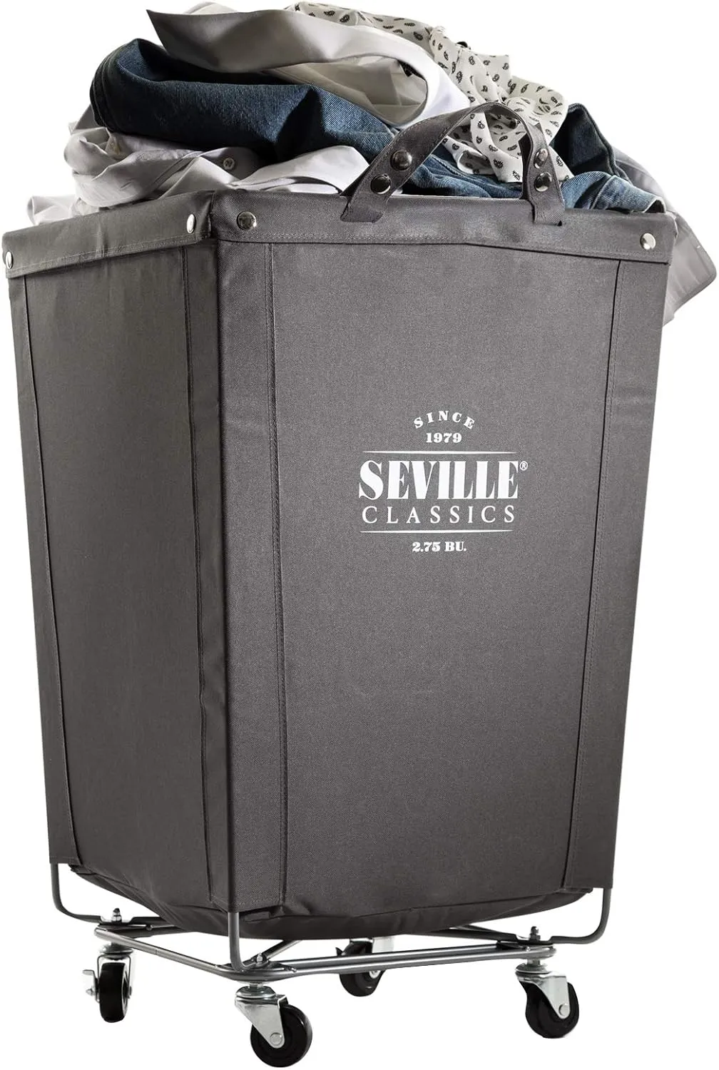 Seville Classics Large Commercial Heavy Duty Rolling Steel Frame Laundry Hamper Canvas Cart Bin w/Wheels for Hotel, Home, Closet, Bedroom (Patented), 18.1" D x 18.1" W, Gray