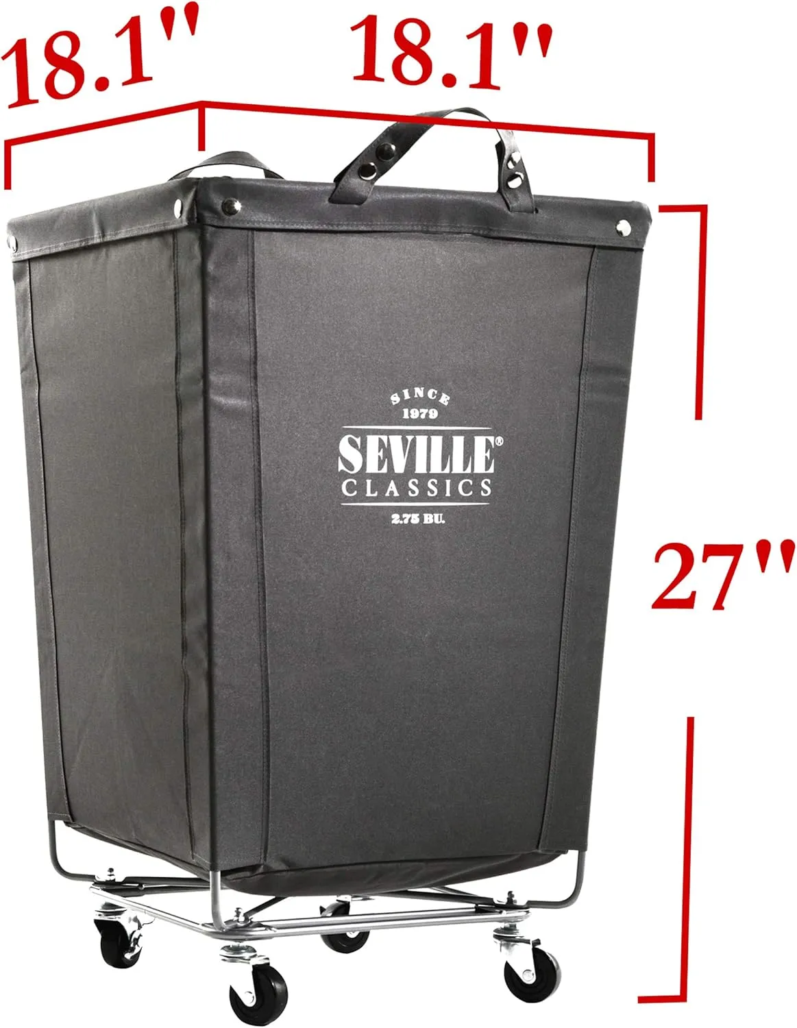 Seville Classics Large Commercial Heavy Duty Rolling Steel Frame Laundry Hamper Canvas Cart Bin w/Wheels for Hotel, Home, Closet, Bedroom (Patented), 18.1" D x 18.1" W, Gray