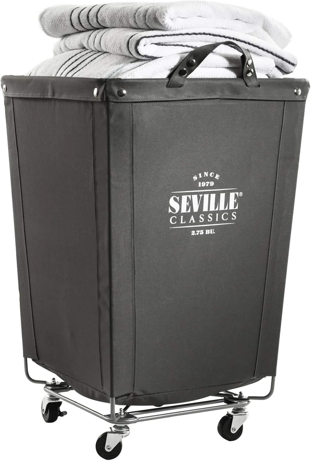 Seville Classics Large Commercial Heavy Duty Rolling Steel Frame Laundry Hamper Canvas Cart Bin w/Wheels for Hotel, Home, Closet, Bedroom (Patented), 18.1" D x 18.1" W, Gray