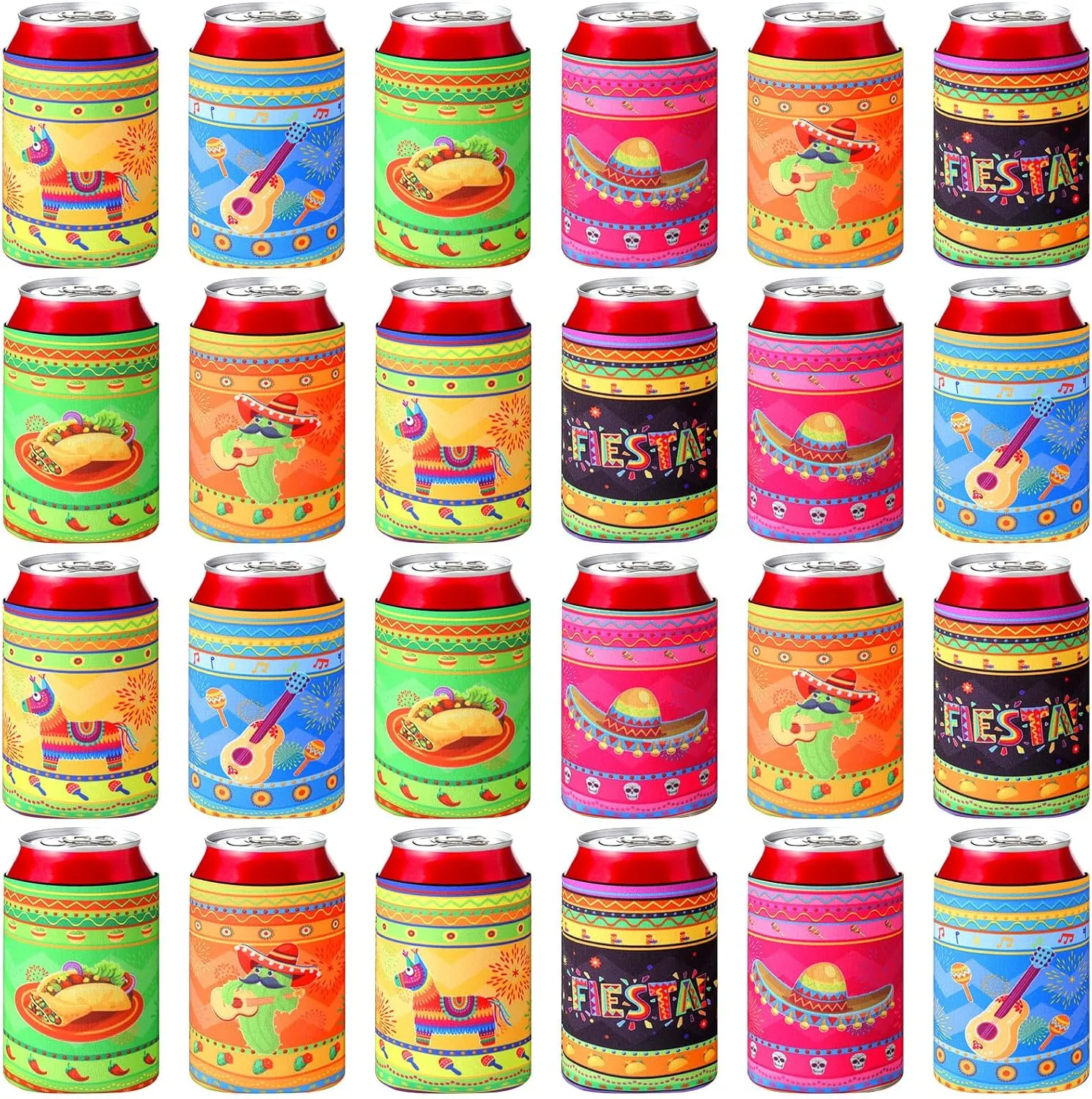 Shellwei 24 Mexican Can Cooler Sleeves Fiesta 12 oz Insulated Neoprene Can Cover for Soda Beer Beverages Cactus Mexican Party Decorations Cincode Mayo Fiesta Party Supplies (Novel)