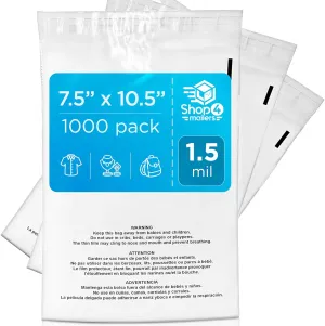 Shop4Mailers 7.5 x 10.5 Clear Plastic Flat Poly Bags with Suffocation Warning Self Seal Adhesive 1.5 Mil for Business FBA Packaging, Jewelry, Clothes, Prints, Storage – Resealable (1000 Pack)