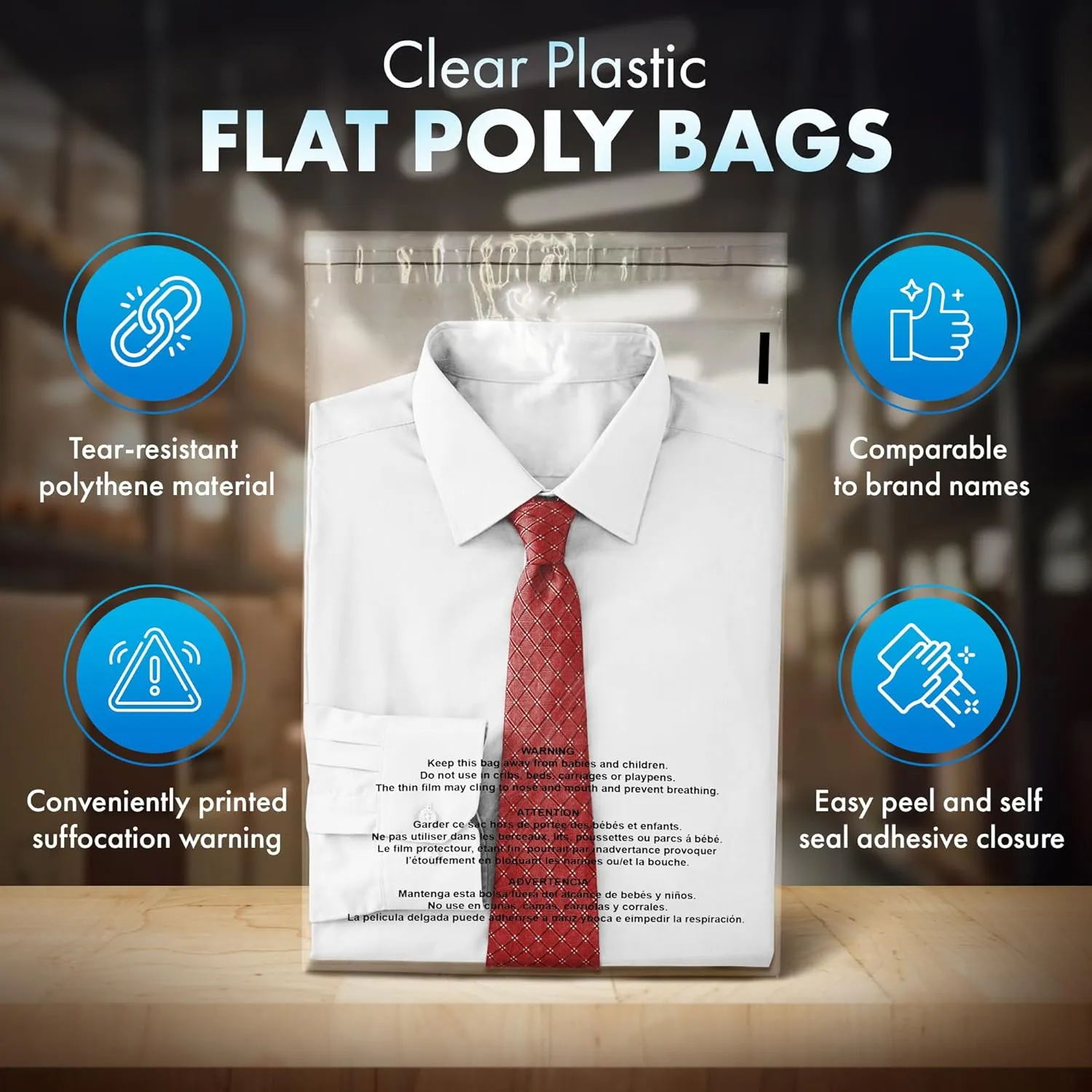 Shop4Mailers 7.5 x 10.5 Clear Plastic Flat Poly Bags with Suffocation Warning Self Seal Adhesive 1.5 Mil for Business FBA Packaging, Jewelry, Clothes, Prints, Storage – Resealable (1000 Pack)