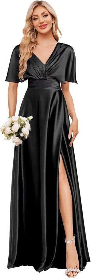 Short Sleeve Bridesmaid Dresses for Women Long Pleated Satin Formal Dress Evening Gown with Slit