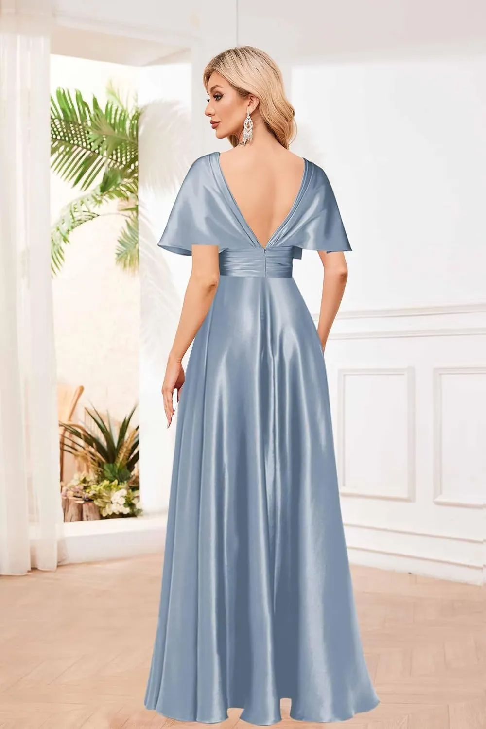 Short Sleeve Bridesmaid Dresses for Women Long Pleated Satin Formal Dress Evening Gown with Slit