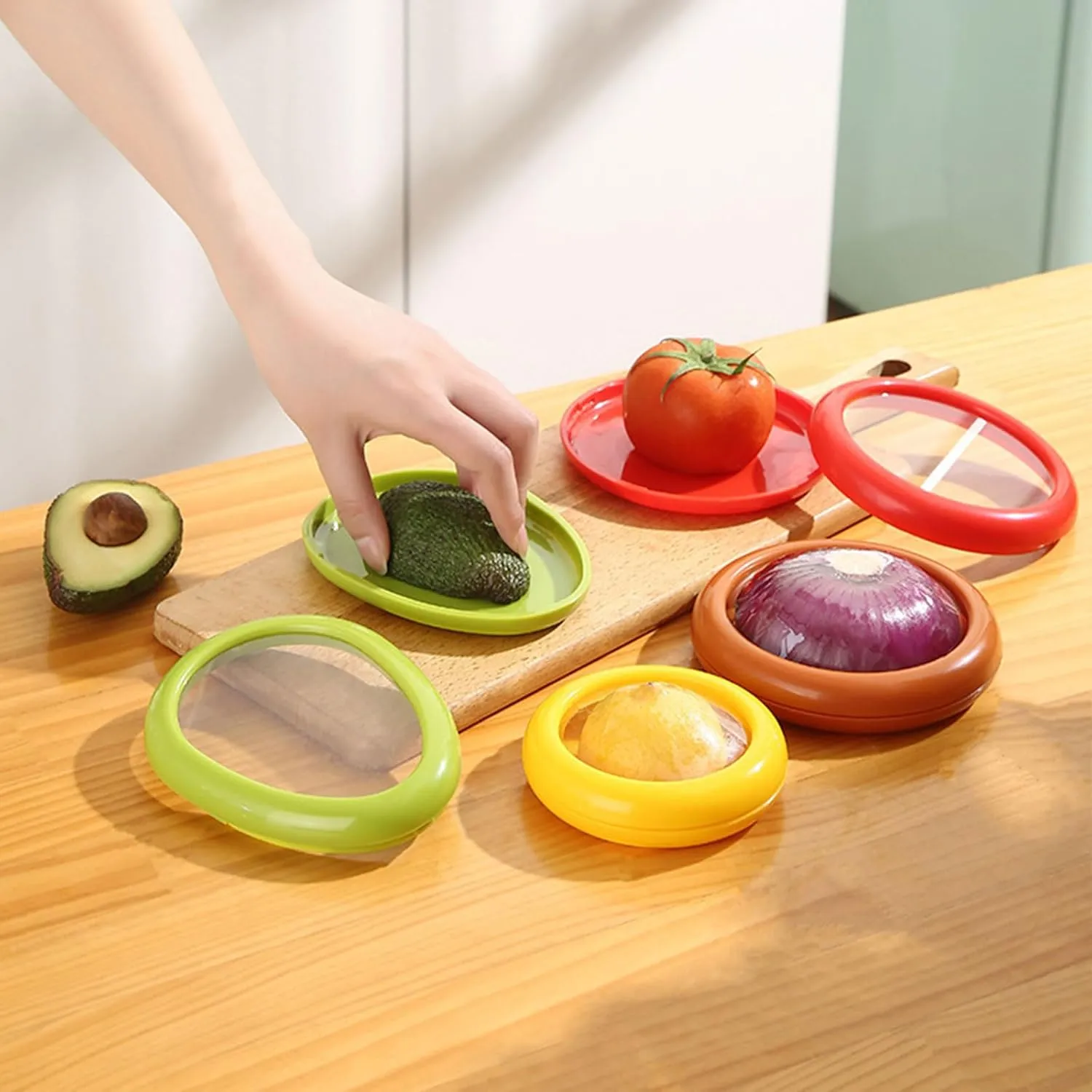 Silicone Fruit And Vegetable Containers For Fridge,Reusable Holder For Food Storage,Fresh Stretch Pods For Food Saver (Green,Red,Yellow,Brown), FDPOD-02