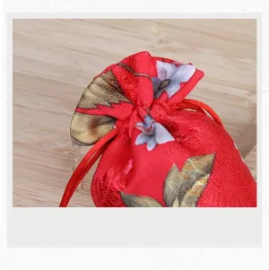 Silk Storage Wallet Pouch 10pcs Embroidery Flower Chinese Brocade Gift Pouch Wholesale Satin Drawstring Jewelry Pouch 3 Size Cloth Luxury Comb Storage Bags(Red,3.15 x 6.3 inches)