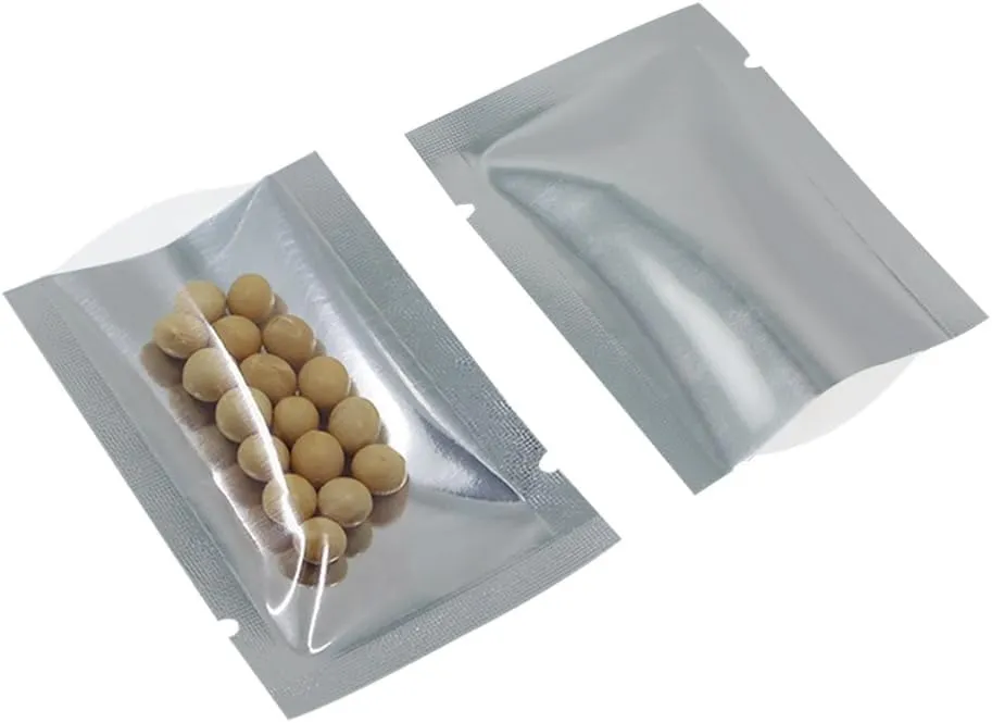 Silver Aluminum Foil Pouch Heat Seal Front Window Plastic Mini Open Top Flat Vacuum Packaging Mylar Bag Food Small Sample Mylar Storage with Tear Notch (100, 12x17cm (4.7x6.7 inch))