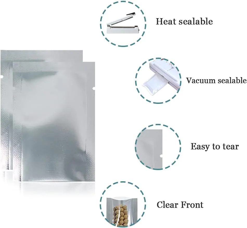 Silver Aluminum Foil Pouch Heat Seal Front Window Plastic Mini Open Top Flat Vacuum Packaging Mylar Bag Food Small Sample Mylar Storage with Tear Notch (100, 12x17cm (4.7x6.7 inch))