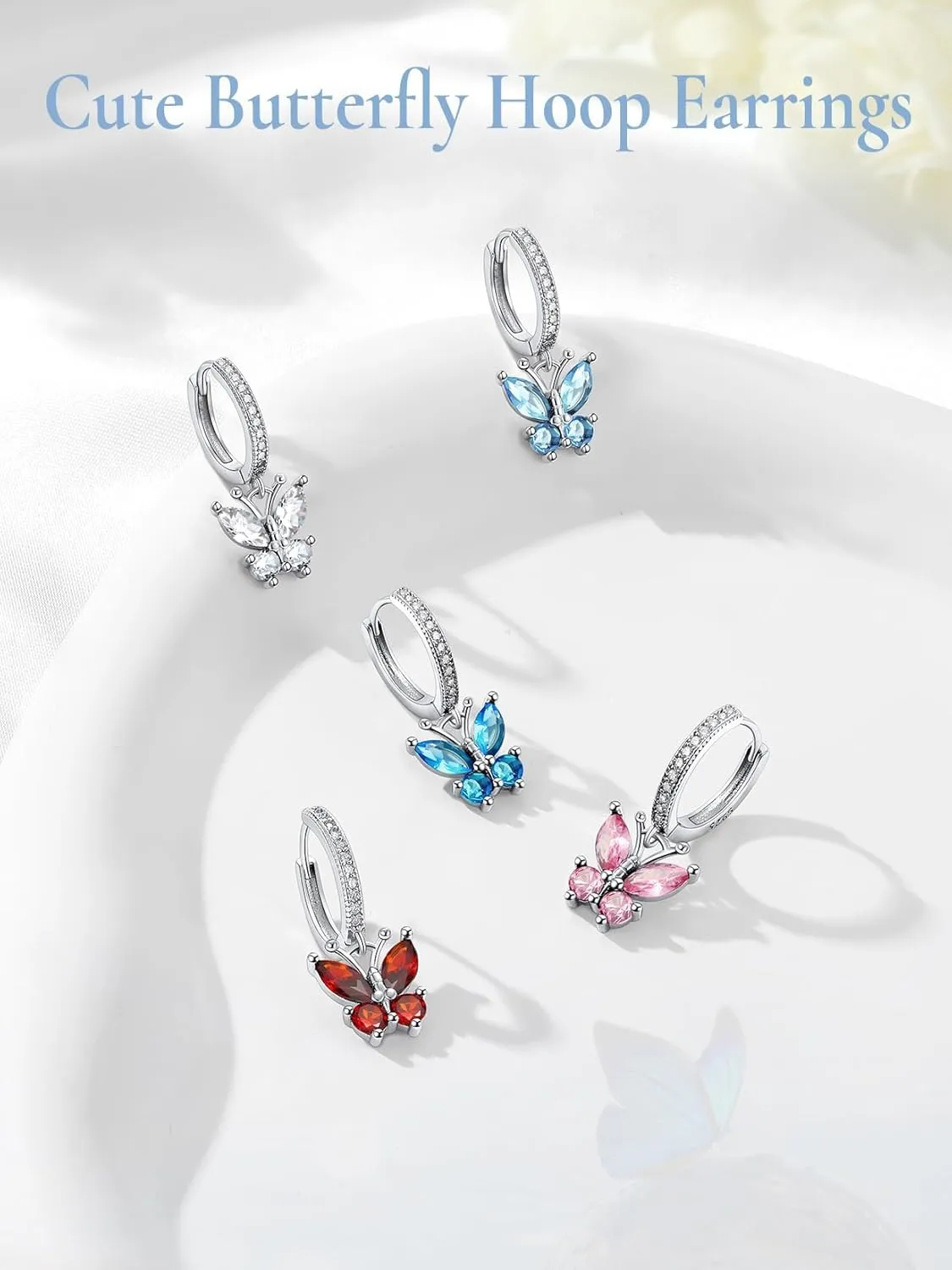 SILVERCUTE 925 Sterling Silver Butterfly Hoop Earrings - 12 Birthstone Butterfly Dangle Earrings, Cute Huggie Hoops Butterfly Jewelry for Women Teen Girls