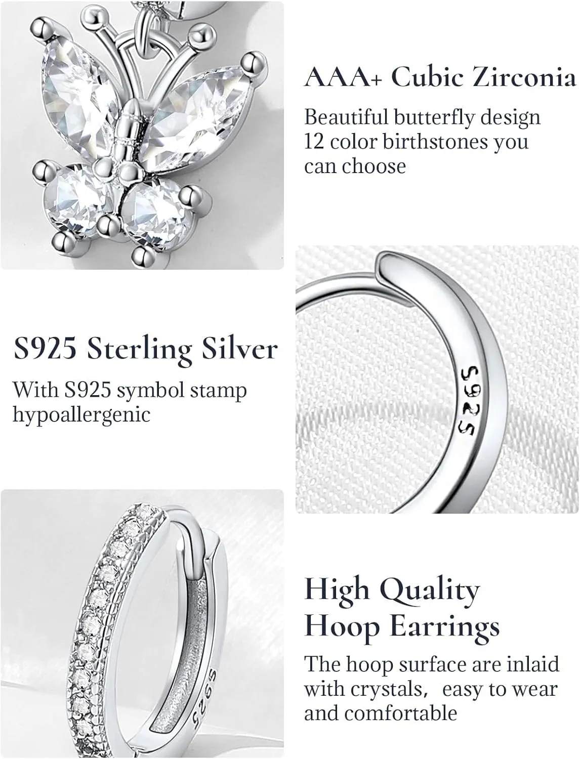 SILVERCUTE 925 Sterling Silver Butterfly Hoop Earrings - 12 Birthstone Butterfly Dangle Earrings, Cute Huggie Hoops Butterfly Jewelry for Women Teen Girls