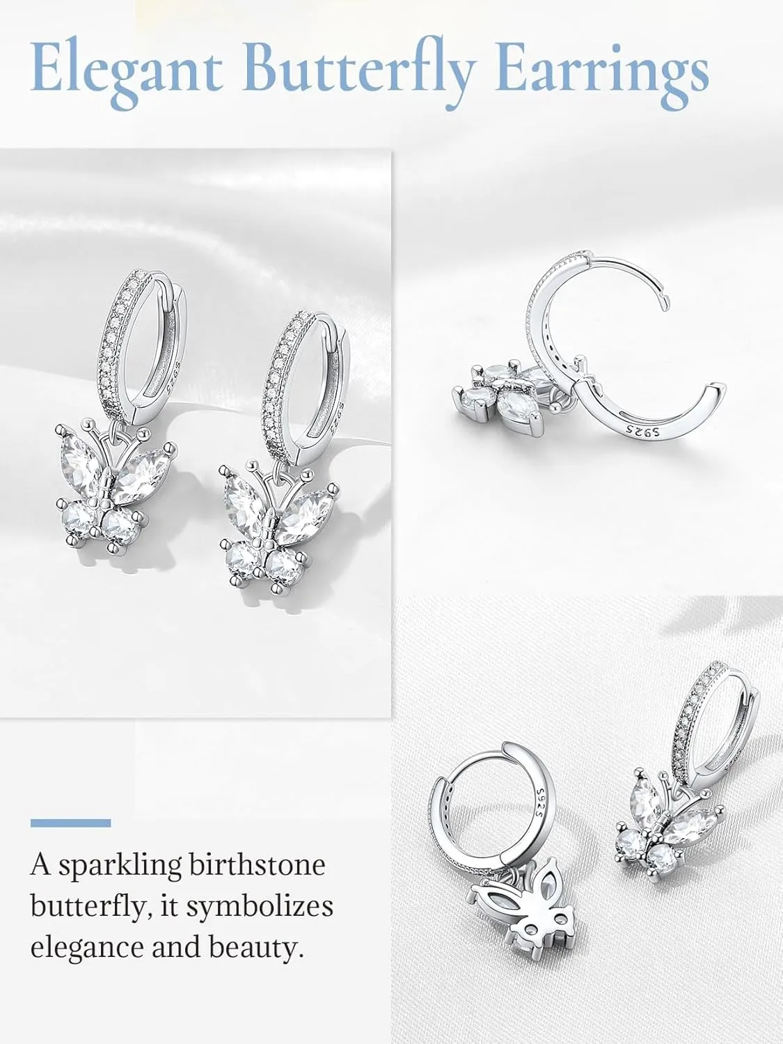 SILVERCUTE 925 Sterling Silver Butterfly Hoop Earrings - 12 Birthstone Butterfly Dangle Earrings, Cute Huggie Hoops Butterfly Jewelry for Women Teen Girls
