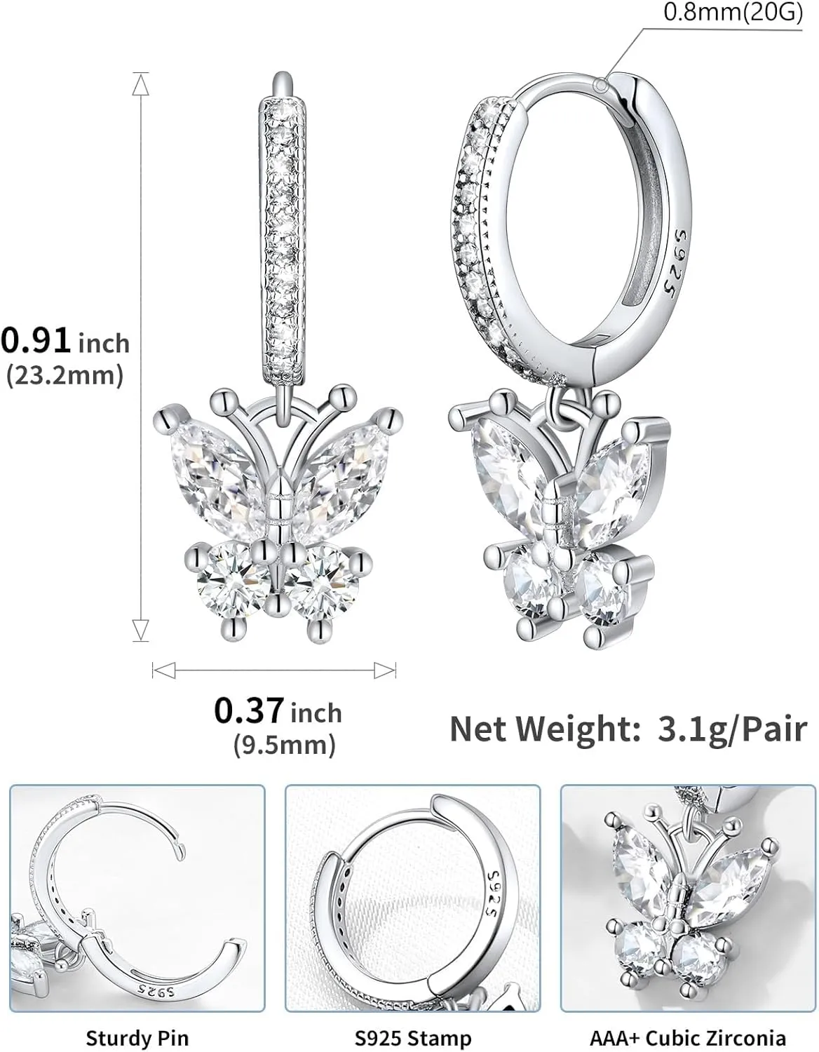 SILVERCUTE 925 Sterling Silver Butterfly Hoop Earrings - 12 Birthstone Butterfly Dangle Earrings, Cute Huggie Hoops Butterfly Jewelry for Women Teen Girls