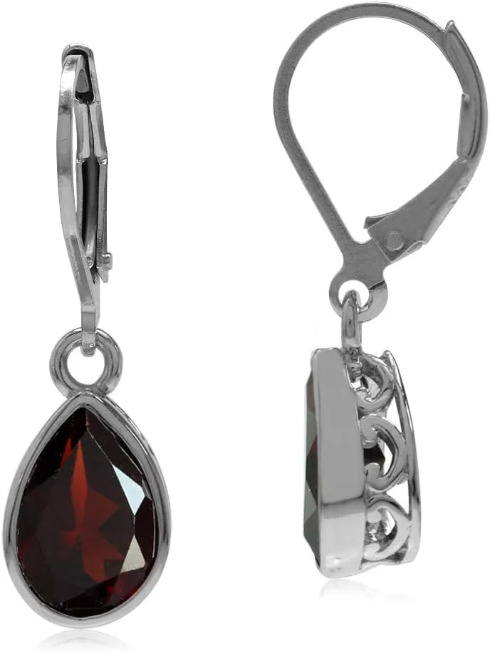 Silvershake 10X7mm Pear Shape Birthstone Gemstones White Gold Plated or Yellow Gold Plated 925 Sterling Silver Heart Victorian Style Drop Dangle Leverback Earrings Jewelry for Women