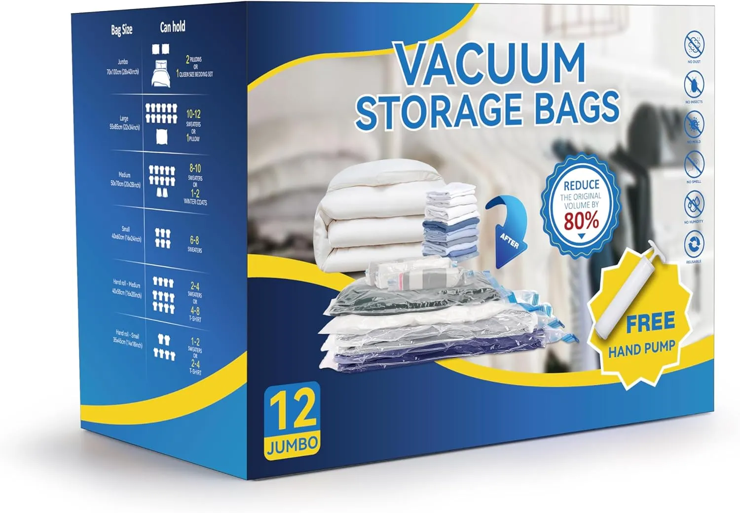 Simple Deluxe 12 Jumbo Space Saver Bags, Vacuum Storage Bags, Vacuum Seal Bags for Quilts and Blankets Storage, with Hand Pump