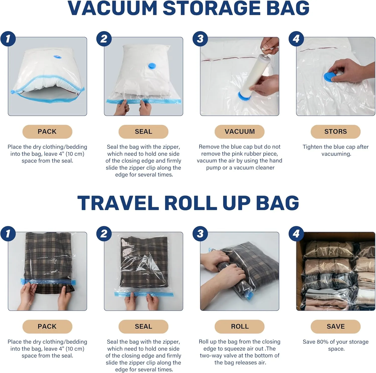 Simple Deluxe 30 Pack Vacuum Storage Bags, Compression Storage Bags, Space Saver Bags for Comforters, Blankets, Pillows and Clothes Storage, Hand Pump Included (5 Jumbo/5 L/5 M/5 S/5 Roll M/5 Roll S)