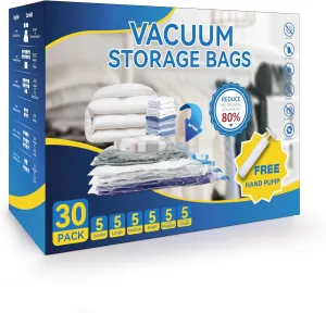 Simple Deluxe 30 Pack Vacuum Storage Bags, Compression Storage Bags, Space Saver Bags for Comforters, Blankets, Pillows and Clothes Storage, Hand Pump Included (5 Jumbo/5 L/5 M/5 S/5 Roll M/5 Roll S)
