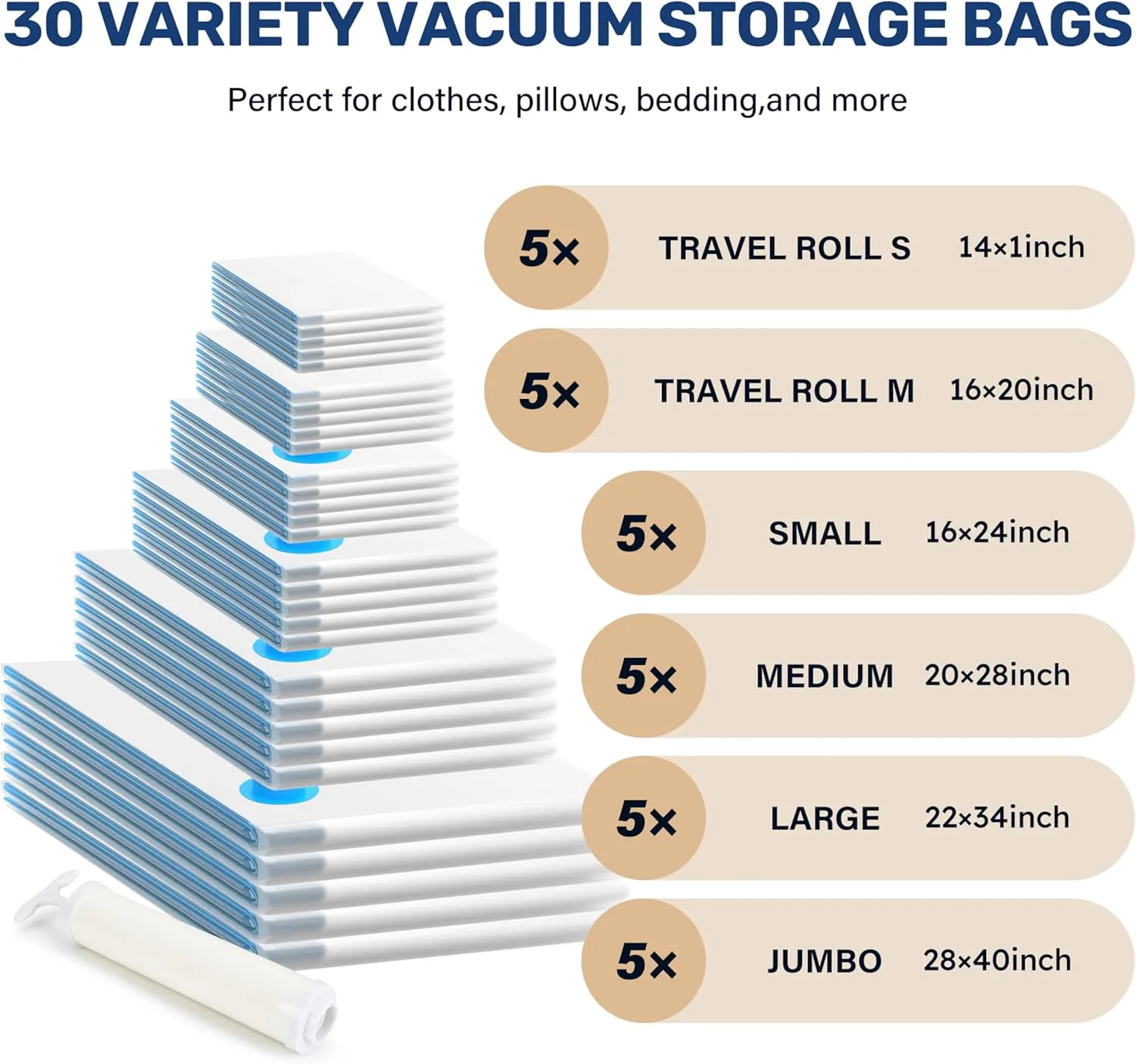 Simple Deluxe 30 Pack Vacuum Storage Bags, Compression Storage Bags, Space Saver Bags for Comforters, Blankets, Pillows and Clothes Storage, Hand Pump Included (5 Jumbo/5 L/5 M/5 S/5 Roll M/5 Roll S)