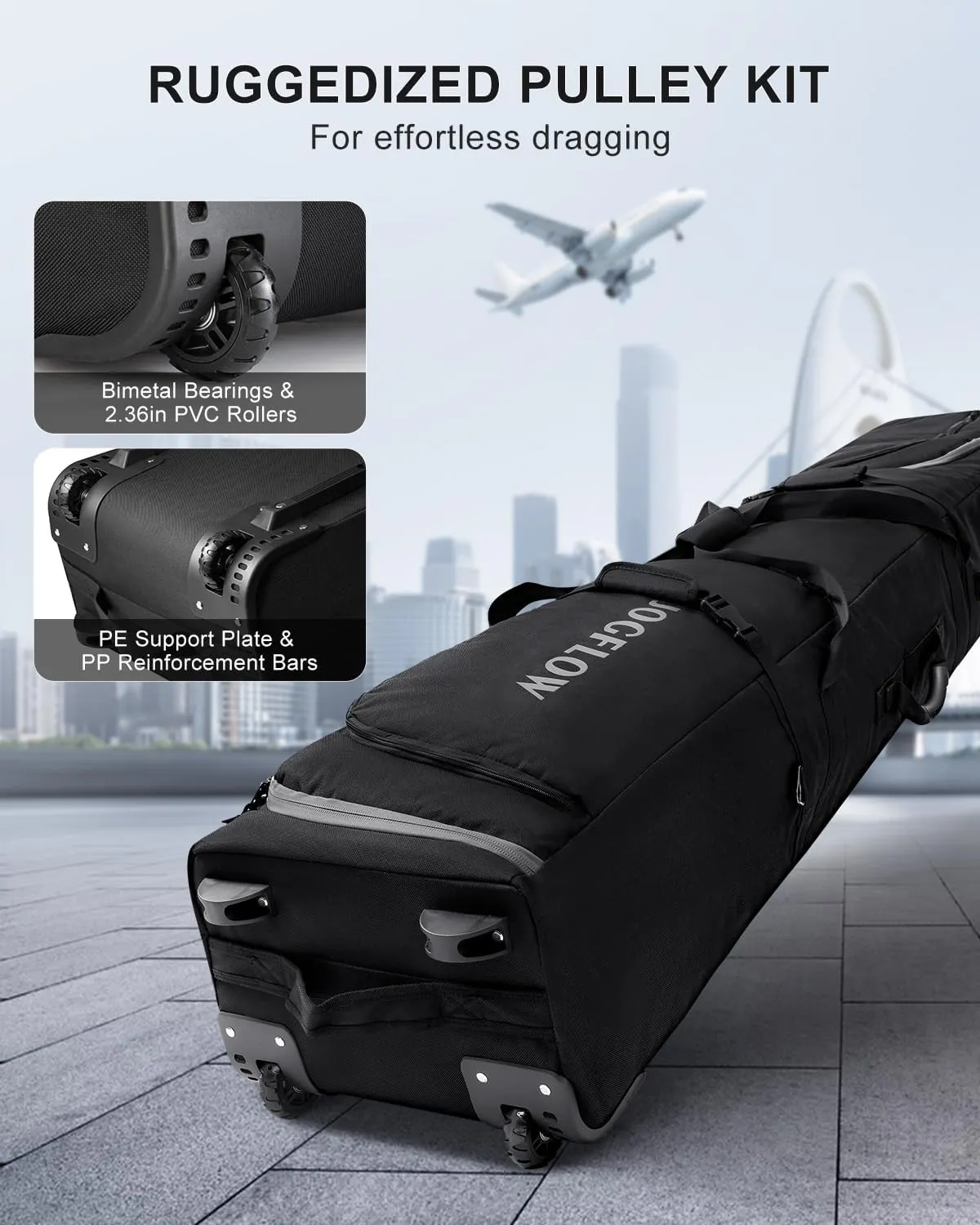 Ski Bag 360° Fully Padded Ski Bag with Wheels, 1200D Waterproof Fabric, 10mm Pearl Cotton Padded, Fits Single Ski/Double Skis/2 Sets Skis, Roller Ski Bag for Air Travel