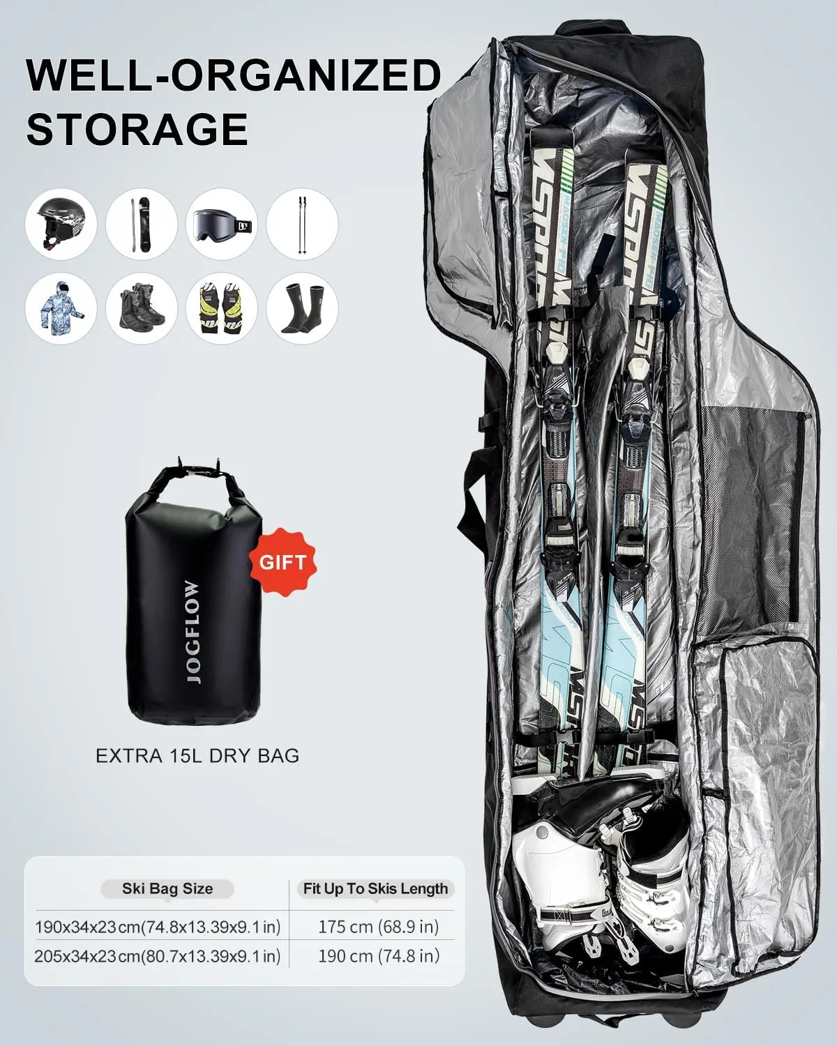 Ski Bag 360° Fully Padded Ski Bag with Wheels, 1200D Waterproof Fabric, 10mm Pearl Cotton Padded, Fits Single Ski/Double Skis/2 Sets Skis, Roller Ski Bag for Air Travel