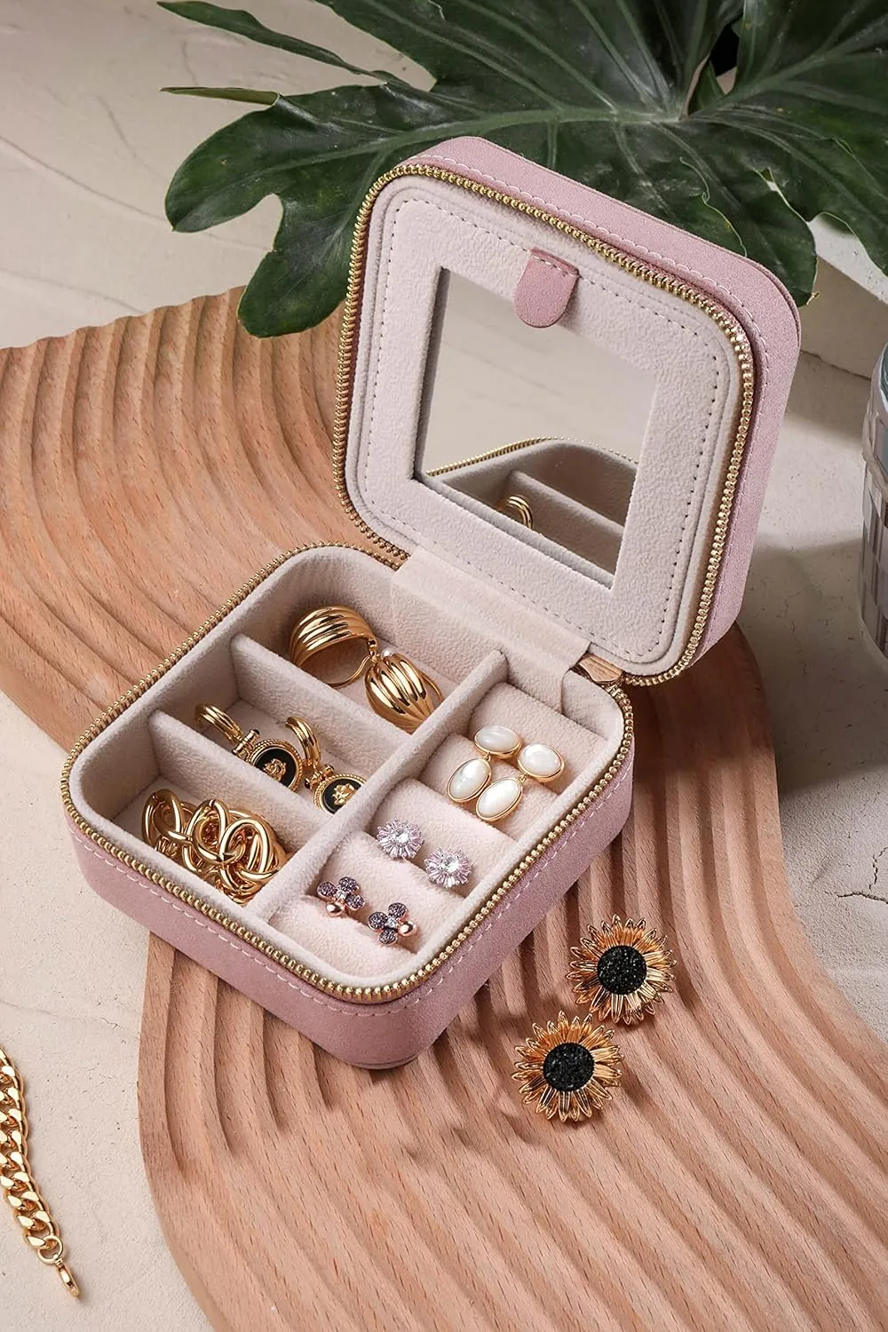S.Leaf Travel Jewelry Organizer Travel Jewelry Boxes for Women Small Jewelry Travel Case Box Portable Travel Jewelry Case Travel Case Mini Jewelry (05_Suede_Touch_Dust_Pink)