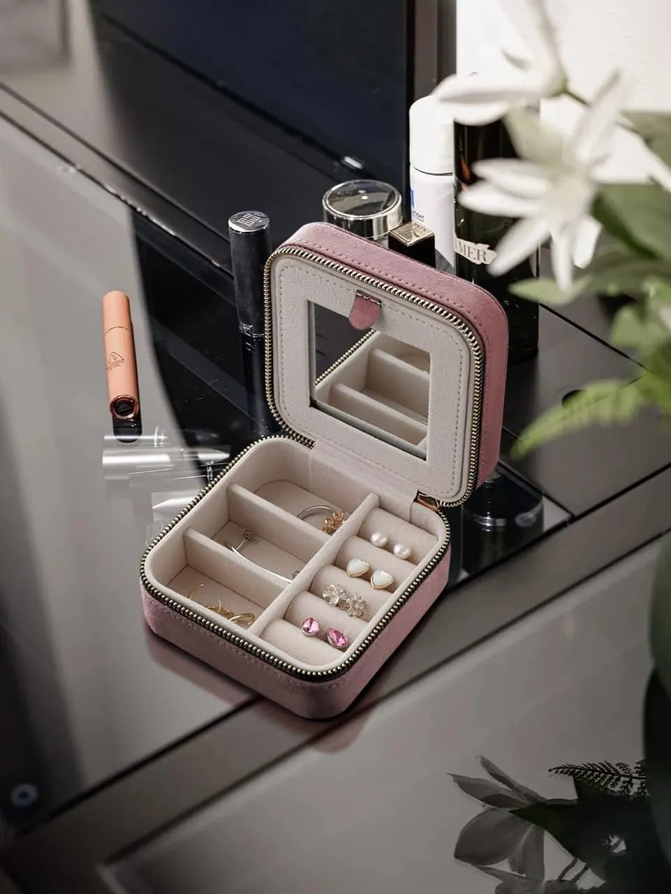 S.Leaf Travel Jewelry Organizer Travel Jewelry Boxes for Women Small Jewelry Travel Case Box Portable Travel Jewelry Case Travel Case Mini Jewelry (05_Suede_Touch_Dust_Pink)