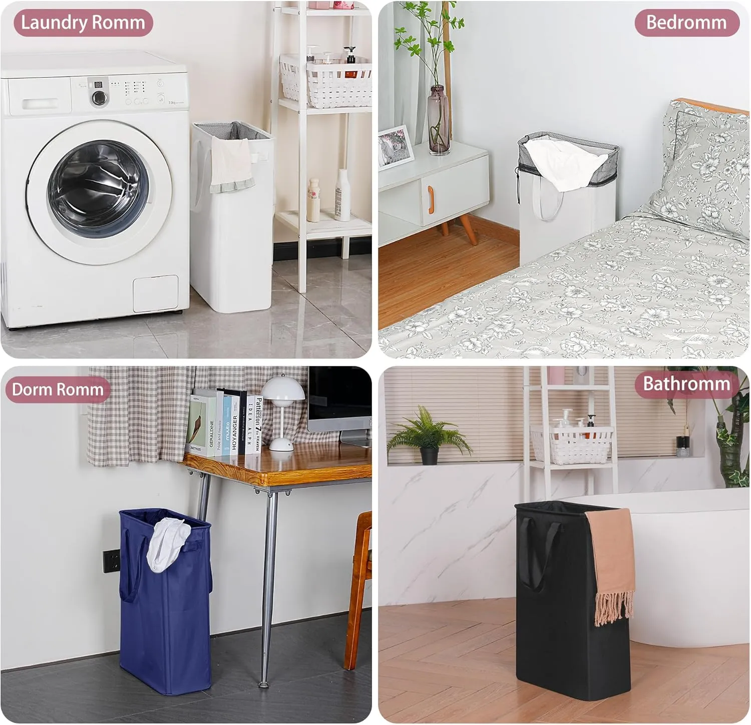 Slim Laundry Basket, Narrow Laundry Hamper with Handles, Collapsible Dirty Clothes Hamper, Tall Laundry Bin for Laundry Room, Dorm and Bedroom, 12.7 Gallons(48L) White
