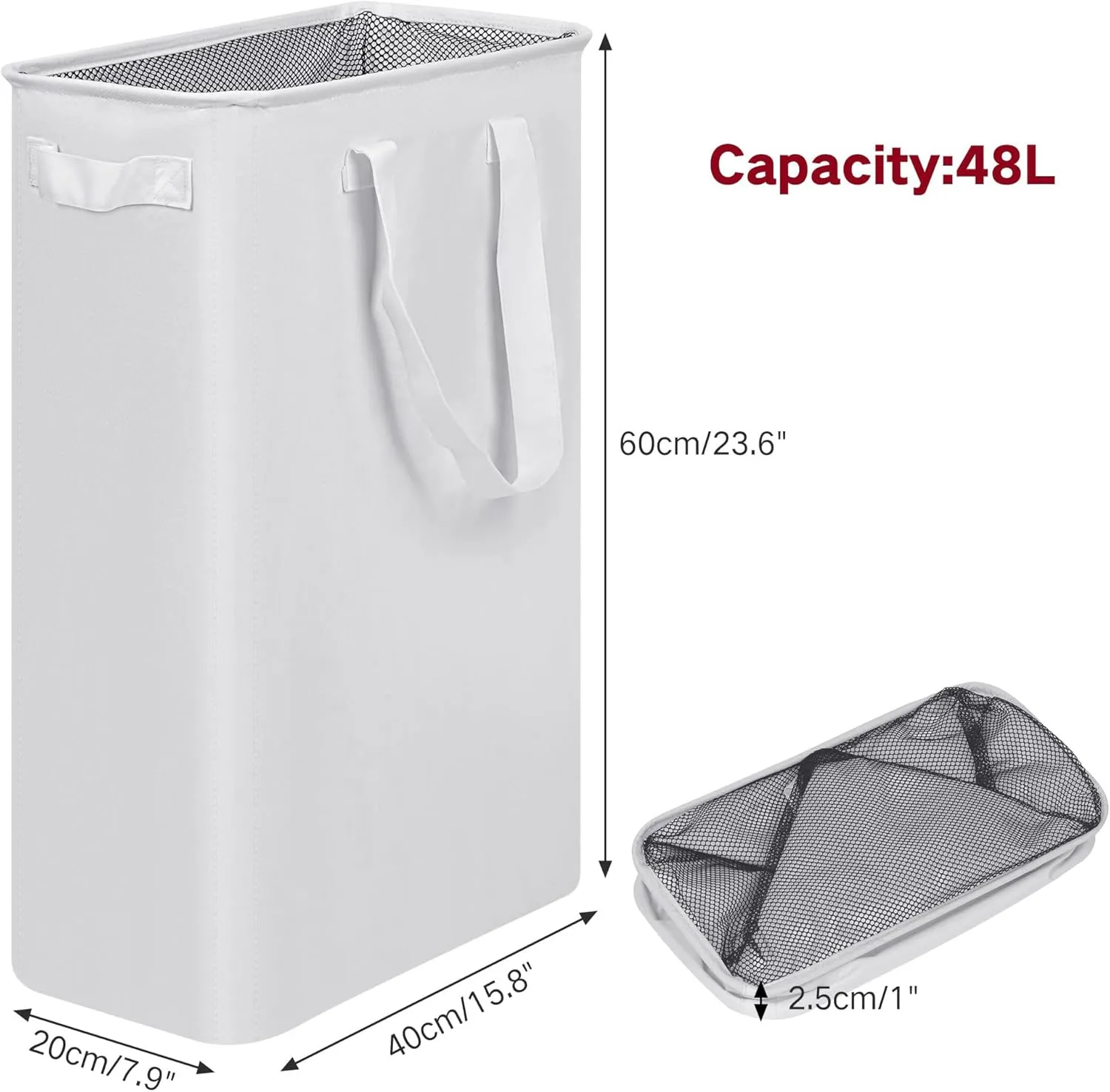 Slim Laundry Basket, Narrow Laundry Hamper with Handles, Collapsible Dirty Clothes Hamper, Tall Laundry Bin for Laundry Room, Dorm and Bedroom, 12.7 Gallons(48L) White
