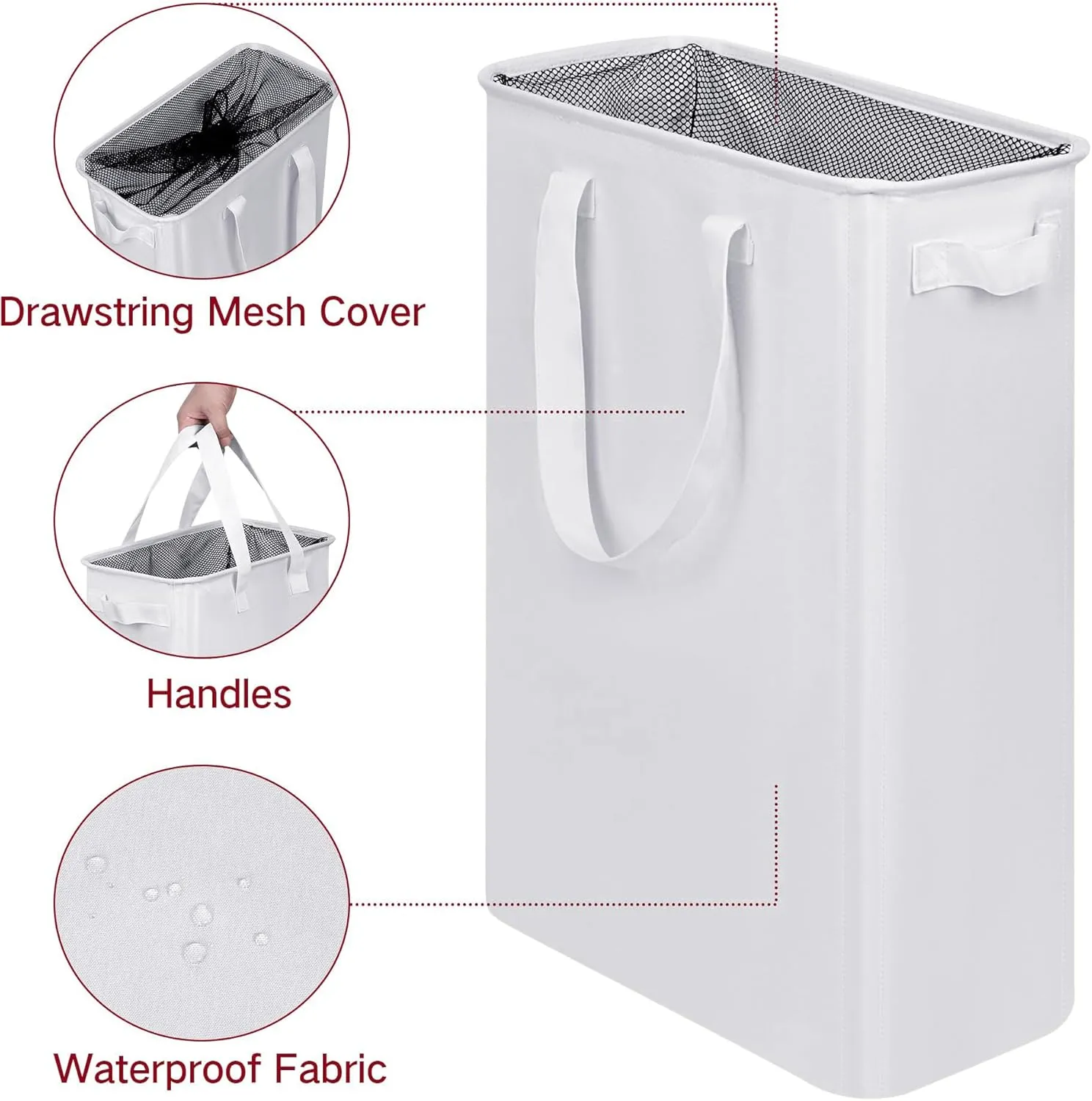 Slim Laundry Basket, Narrow Laundry Hamper with Handles, Collapsible Dirty Clothes Hamper, Tall Laundry Bin for Laundry Room, Dorm and Bedroom, 12.7 Gallons(48L) White