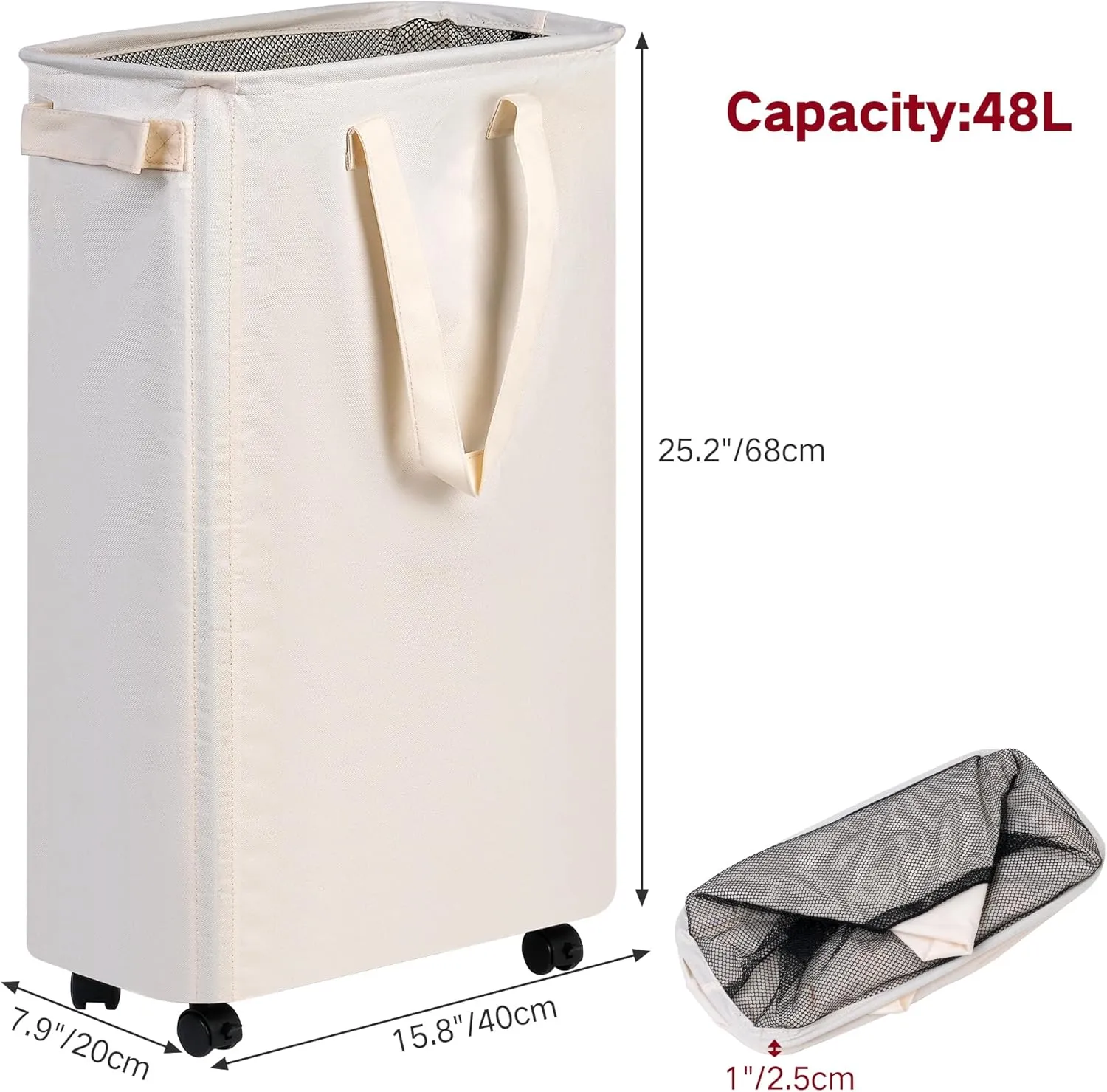 Slim Laundry Hamper with Wheels, Rolling Laundry Basket for Clothes, Small Laundry Basket for Bedroom, Dorm and Laundry Room, 48L (12.7 Gallons) Beige