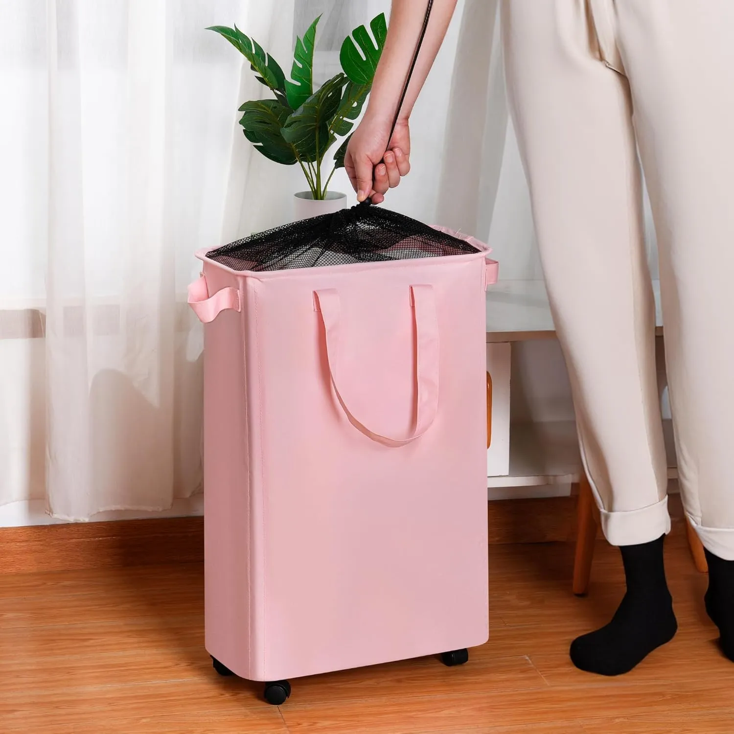 Slim Laundry Hamper with Wheels, Rolling Laundry Basket for Clothes, Small Laundry Basket for Bedroom, Dorm and Laundry Room, 48L (12.7 Gallons) Beige