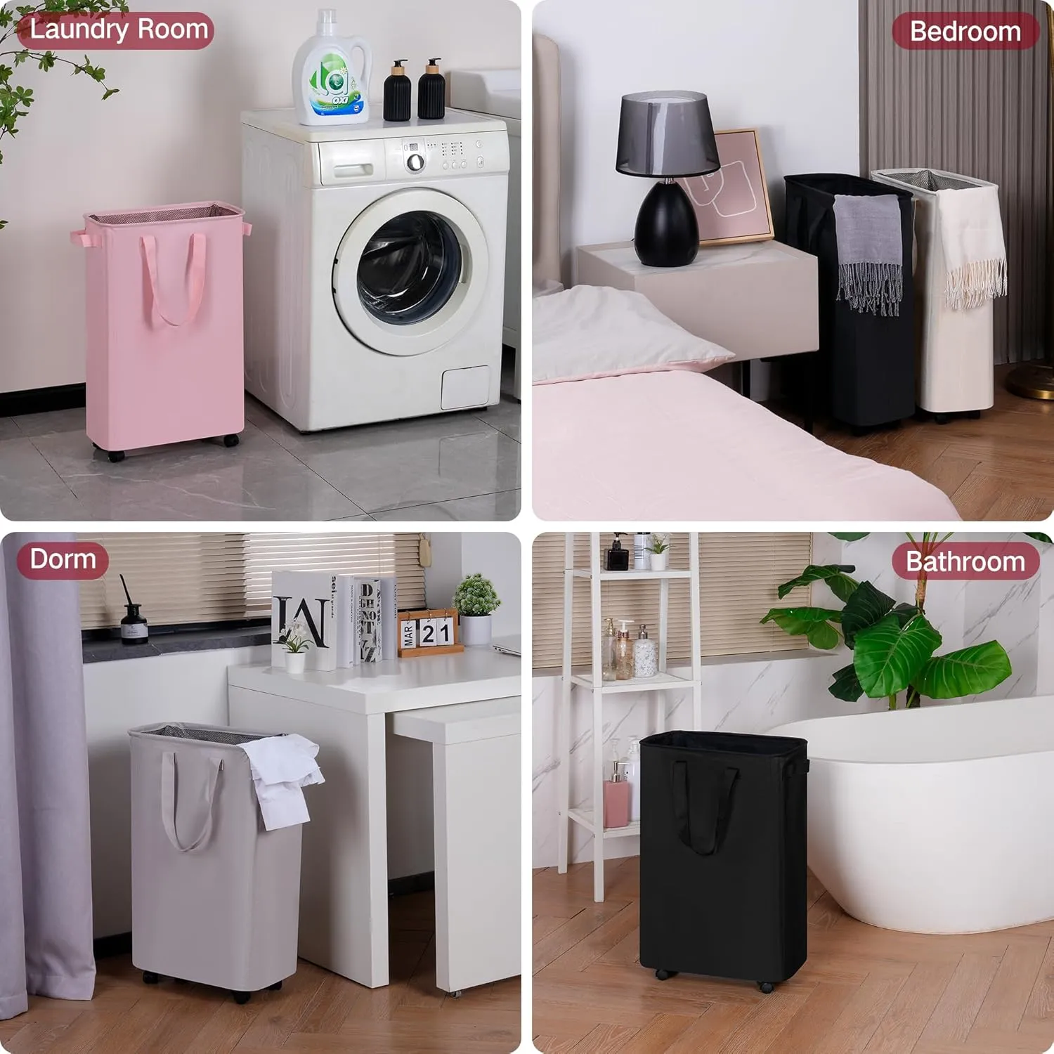 Slim Laundry Hamper with Wheels, Rolling Laundry Basket for Clothes, Small Laundry Basket for Bedroom, Dorm and Laundry Room, 48L (12.7 Gallons) Beige