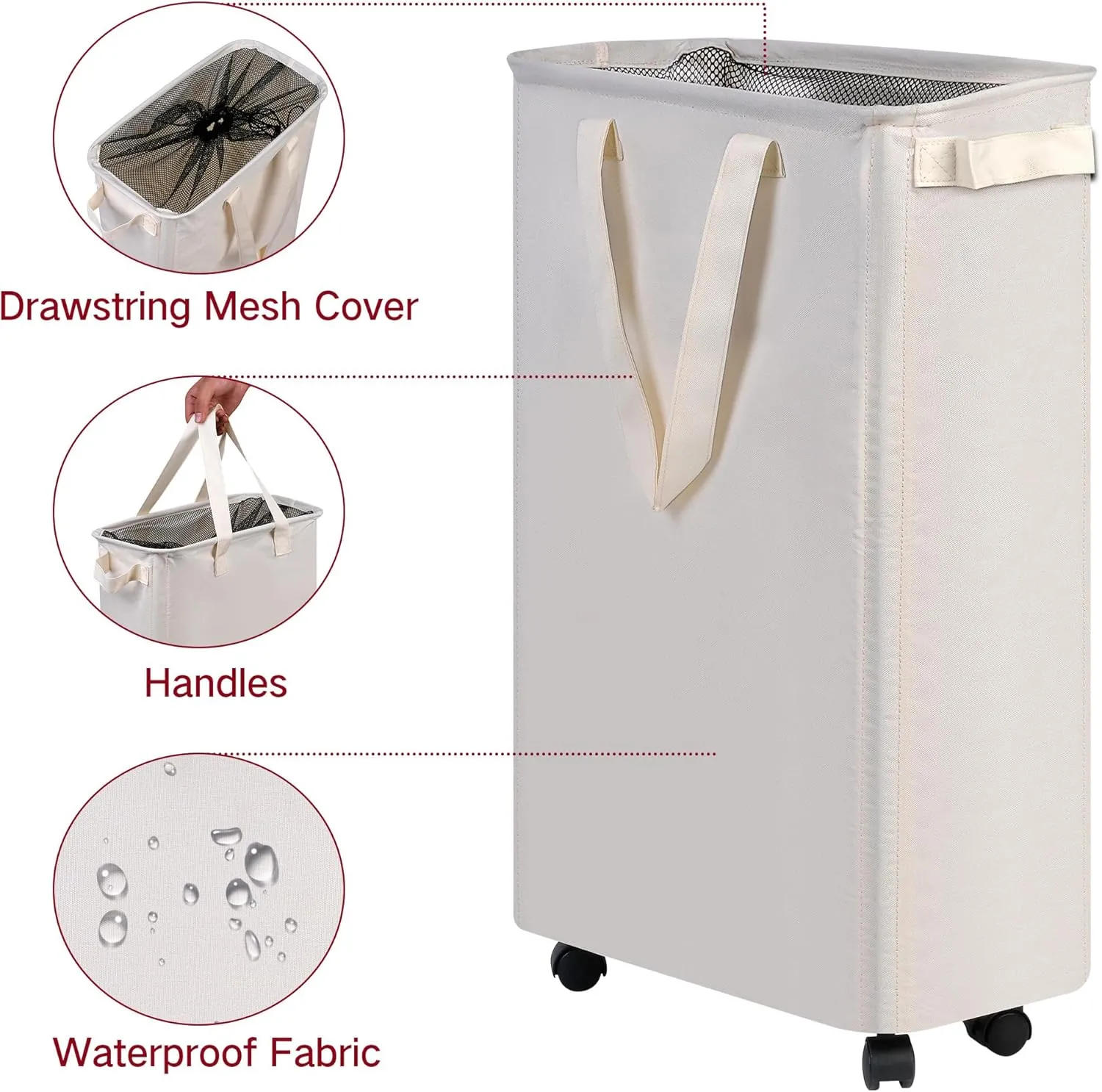 Slim Laundry Hamper with Wheels, Rolling Laundry Basket for Clothes, Small Laundry Basket for Bedroom, Dorm and Laundry Room, 48L (12.7 Gallons) Beige