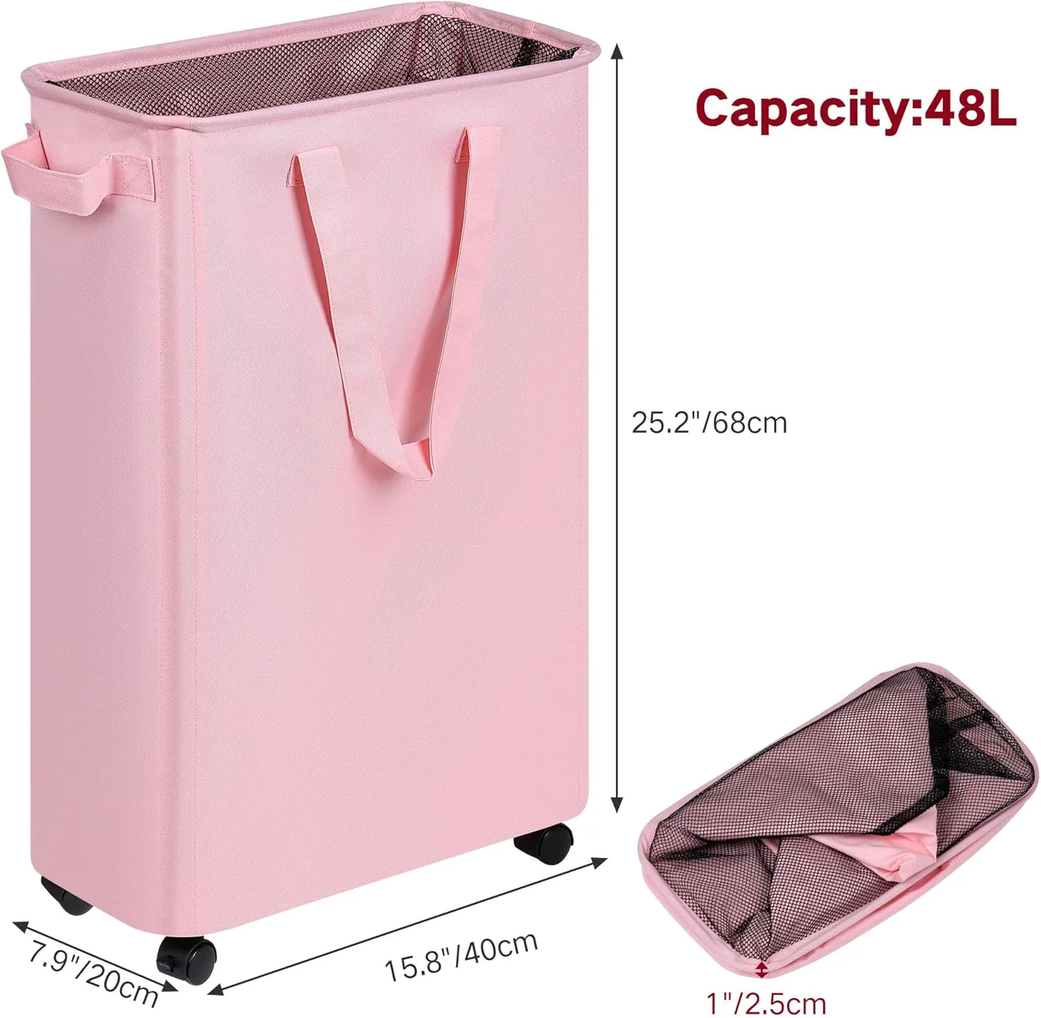 Slim Laundry Hamper with Wheels, Rolling Laundry Basket for Clothes, Small Laundry Basket for Bedroom, Dorm and Laundry Room, 48L (12.7 Gallons) Pink