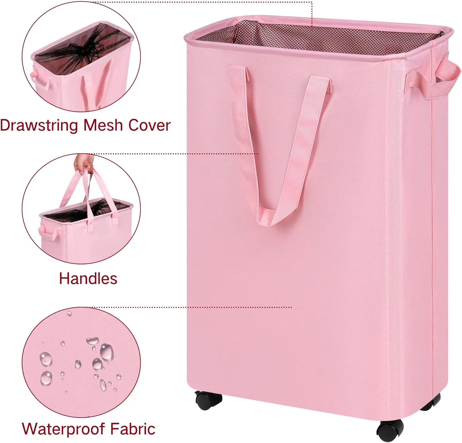 Slim Laundry Hamper with Wheels, Rolling Laundry Basket for Clothes, Small Laundry Basket for Bedroom, Dorm and Laundry Room, 48L (12.7 Gallons) Pink