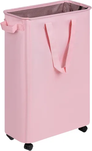 Slim Laundry Hamper with Wheels, Rolling Laundry Basket for Clothes, Small Laundry Basket for Bedroom, Dorm and Laundry Room, 48L (12.7 Gallons) Pink