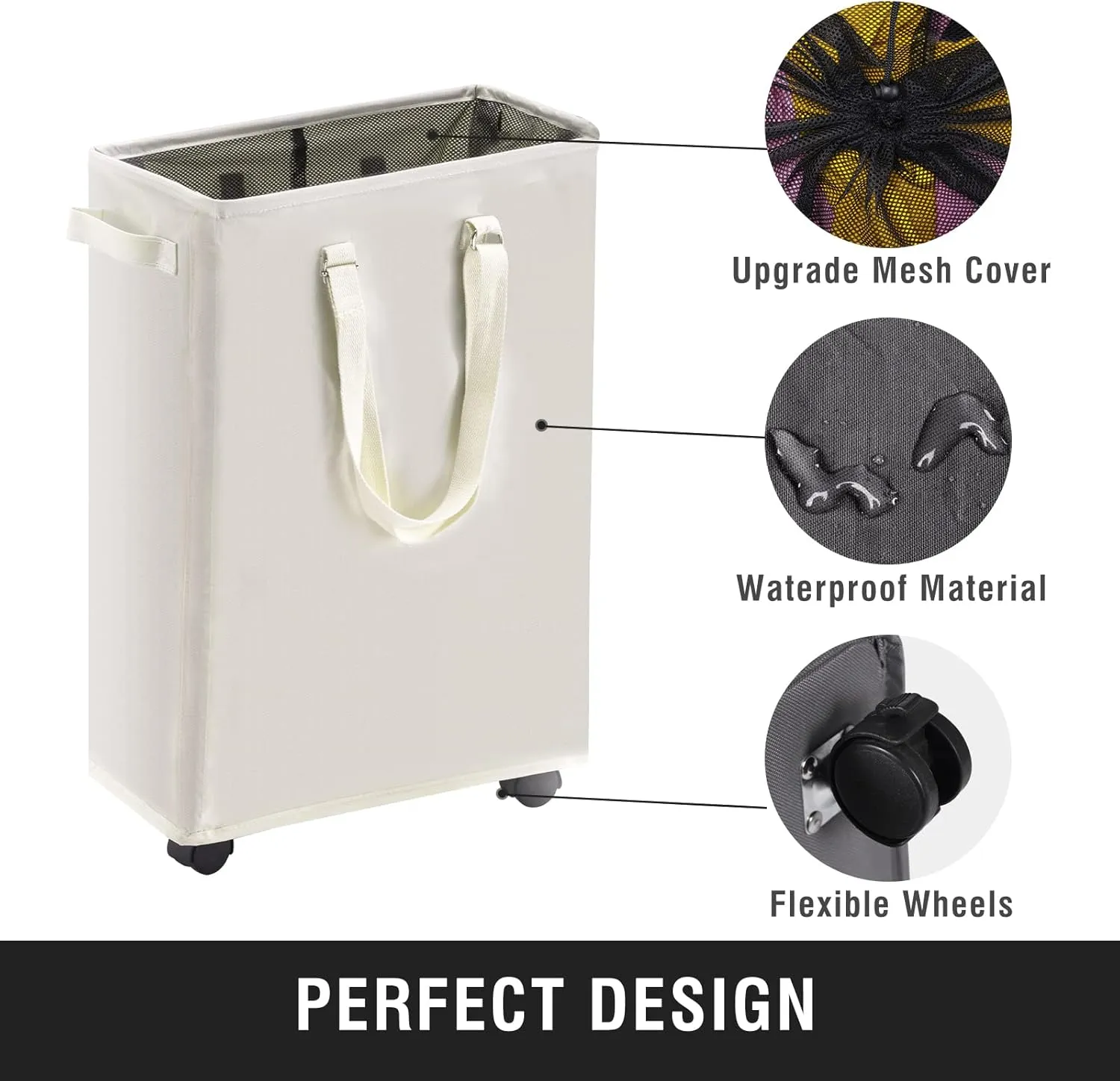 Slim Rolling Laundry Basket, Slim Laundry Hamper with Wheels and Adjustable Long Handles, 45L Small Laundry Baskets with Mesh Top, Narrow Dirty Clothes Hamper for Bedroom, Closet, and Bathroom - Beige