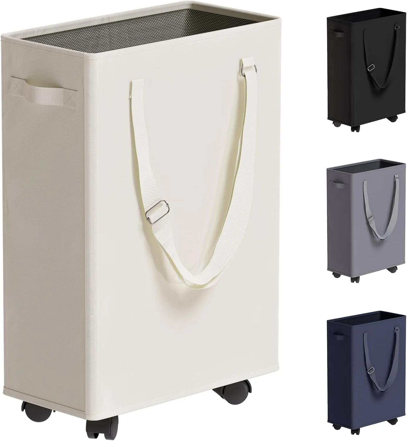 Slim Rolling Laundry Basket, Slim Laundry Hamper with Wheels and Adjustable Long Handles, 45L Small Laundry Baskets with Mesh Top, Narrow Dirty Clothes Hamper for Bedroom, Closet, and Bathroom - Beige