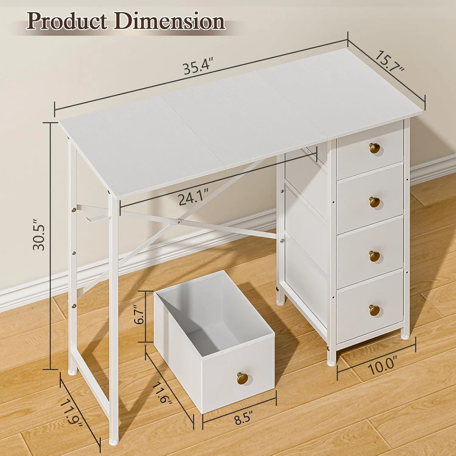 Small Writing Desk with 4 Fabric Drawers, 35.4 Inch Computer Desk for Home Office, Simple PC Desk for Small Places, Kids Girls Teen Study Table for Bedroom Dorm, White