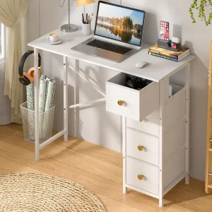 Small Writing Desk with 4 Fabric Drawers, 35.4 Inch Computer Desk for Home Office, Simple PC Desk for Small Places, Kids Girls Teen Study Table for Bedroom Dorm, White
