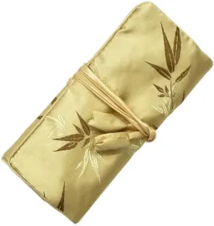 SmilerSmile Jewelry Travel Bag Embroidery Travel Jewelry Organizer with Tie Close Embroidered Flower Jewelry Roll for Women Girls (Bamboo, Gold)