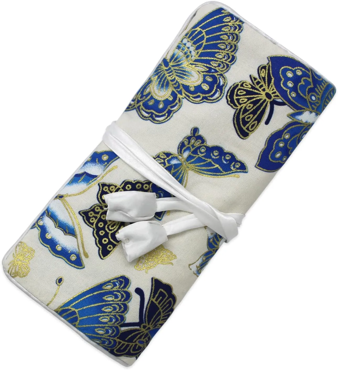 SmilerSmile Jewelry Travel Bag Embroidery Travel Jewelry Organizer with Tie Close Embroidered Flower Jewelry Roll for Women Girls (Butterfly/White)